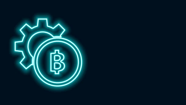Светящаяся неоновая линия Иконка криптовалюты Bitcoin изолирована на черном фоне. Настройка передачи и биткойна. Безопасная криптовалюта на основе блокчейна. Видеографическая анимация 4K — стоковое видео