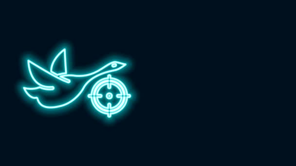 Ligne lumineuse au néon Chassez sur le canard avec icône de réticule isolé sur fond noir. Logo du club de chasse avec canard et cible. Objectif fusil visant un canard. Animation graphique de mouvement vidéo 4K — Video