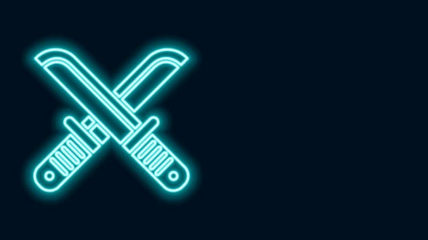 Glödande neon line Crossed hunter kniv ikon isolerad på svart bakgrund. Armékniv. 4K Video motion grafisk animation — Stockvideo