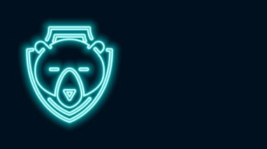 Parlayan neon hattı Ayı başı siyah arkaplanda izole edilmiş bir kalkan simgesi üzerinde. Duvarda av kupası. 4K Video hareketli grafik canlandırması