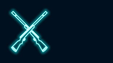 Parlayan neon hattı iki çapraz av tüfeği ikonu siyah arka planda izole edildi. Avcı silahı. 4K Video hareketli grafik canlandırması