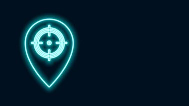 Parlayan neon hattı Hunt simgesi siyah arka planda izole edildi. Navigasyon, işaret, konum, harita, GPS, yön, yer, pusula, temas, arama. 4K Video hareketli grafik canlandırması