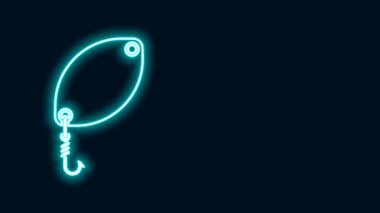 Parlayan neon hattı Balıkçı kaşığı simgesi siyah arkaplanda izole edildi. Balık şeklinde olta yemleri. Balık oltası. 4K Video hareketli grafik canlandırması
