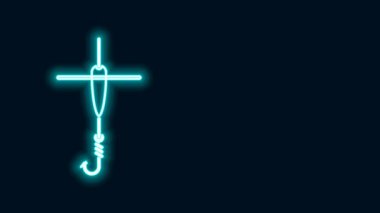 Parlayan neon hattı. Balık oltası ve yüzen ikon siyah arka planda izole edilmiş. Balık oltası. 4K Video hareketli grafik canlandırması