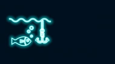 Suyun altında parlayan neon hattı balık oltası ve siyah arka planda izole edilmiş balık ikonu. Balık oltası. 4K Video hareketli grafik canlandırması