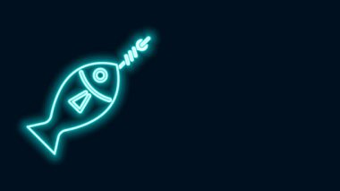 Parlayan neon hattı. Kanca ikonundaki balık siyah arka planda izole edildi. 4K Video hareketli grafik canlandırması