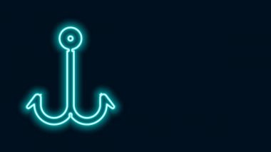 Parlayan neon hattı. Balıkçı kancası simgesi siyah arkaplanda izole edildi. Balık oltası. 4K Video hareketli grafik canlandırması