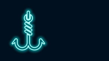 Parlayan neon hattı. Balıkçı kancası simgesi siyah arkaplanda izole edildi. Balık oltası. 4K Video hareketli grafik canlandırması