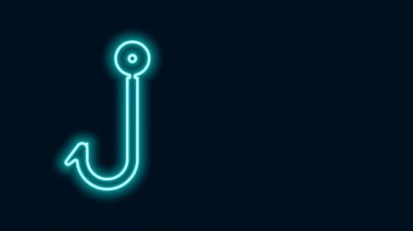 Parlayan neon hattı. Balıkçı kancası simgesi siyah arkaplanda izole edildi. Balık oltası. 4K Video hareketli grafik canlandırması