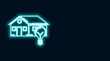 Parlayan neon hattı Akıllı ev ve ampul simgesi siyah arkaplanda izole edildi. 4K Video hareketli grafik canlandırması