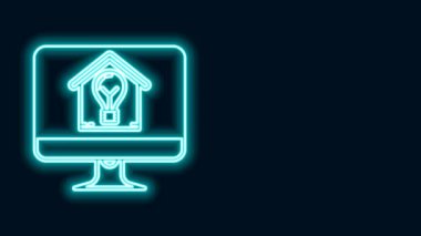 Akıllı ev ve ampul ikonuna sahip parlak neon hattı bilgisayar monitörü siyah arkaplanda izole edildi. 4K Video hareketli grafik canlandırması