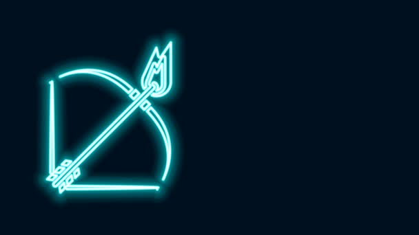 Ragyogó neon vonal Íj és tűz nyíl ikon elszigetelt fekete háttérrel. 4K Videó mozgás grafikus animáció