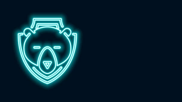 Linha de néon brilhante Cabeça de urso no ícone do escudo isolado no fundo preto. Troféu de caça na parede. Animação gráfica em movimento de vídeo 4K — Vídeo de Stock
