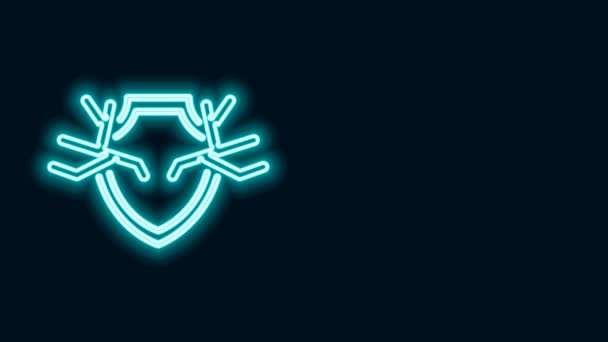 Leuchtende Neon-Linie Hirschgeweih auf Schild-Symbol isoliert auf schwarzem Hintergrund. Jagdtrophäe an Wand. 4K Video Motion Grafik Animation — Stockvideo