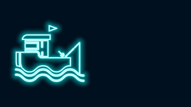 Glowing neon line Fishing boat with fishing rod on water icon isolated on black background. 4K Video motion graphic animation — Stock Video