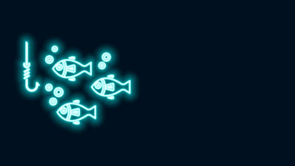 Leuchtende Leuchtleine Angelhaken unter Wasser mit Fischsymbol isoliert auf schwarzem Hintergrund. Angeln. 4K Video Motion Grafik Animation — Stockvideo