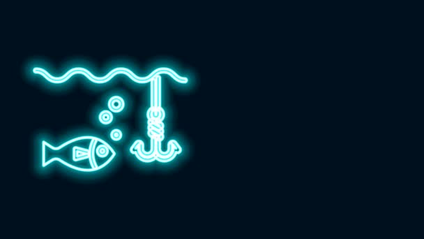 Gloeiende neon lijn Vishaak onder water met vis pictogram geïsoleerd op zwarte achtergrond. Visserij tackle. 4K Video motion grafische animatie — Stockvideo