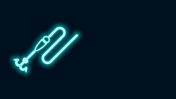 Glödande neon linje Fiskelina med krok och flyt ikon isolerad på svart bakgrund. Fiskeutrustning. 4K Video motion grafisk animation — Stockvideo