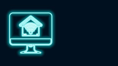 Siyah arkaplanda kablosuz Wi-fi ikonu olan parlak neon hattı bilgisayar monitörü. Uzaktan kumanda. 4K Video hareketli grafik canlandırması