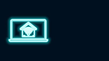 Siyah arkaplanda kablosuz Wi-fi ikonu olan akıllı ev bilgisayarlı parlak neon hattı. Uzaktan kumanda. 4K Video hareketli grafik canlandırması