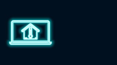 Siyah arkaplanda izole edilmiş ev sıcaklığı ikonu olan parlak neon hattı dizüstü bilgisayarı. Termometre simgesi. 4K Video hareketli grafik canlandırması