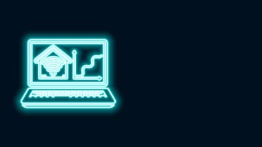 Siyah arkaplanda kablosuz Wi-fi ikonu olan akıllı ev bilgisayarlı parlak neon hattı. Uzaktan kumanda. 4K Video hareketli grafik canlandırması