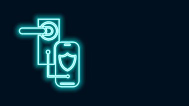 Siyah arkaplanda izole edilmiş kilit ikonu için kablosuz teknolojiyle parlayan neon hattı dijital kapı kilidi. Kapı kolu tabelası. Güvenlik akıllı ev. 4K Video hareketli grafik canlandırması