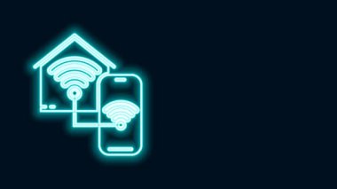 Siyah arkaplanda kablosuz internet ikonu olan parlak neon hattı Smart evi. Uzaktan kumanda. 4K Video hareketli grafik canlandırması