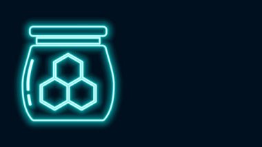 Parlayan neon hattı bal ikonu kavanozu siyah arkaplanda izole edildi. Yiyecek bankası. Tatlı doğal gıda sembolü. 4K Video hareketli grafik canlandırması