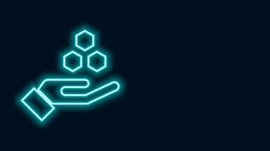 Parlayan neon hattı bal peteği ve el ikonu siyah arkaplanda izole edildi. Bal hücrelerinin sembolü. Tatlı doğal yemek. 4K Video hareketli grafik canlandırması