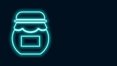 Parlayan neon hattı bal ikonu kavanozu siyah arkaplanda izole edildi. Yiyecek bankası. Tatlı doğal gıda sembolü. 4K Video hareketli grafik canlandırması