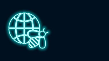 Dünyanın parıldayan neon hattı bal peteği haritası ve siyah arka planda izole edilmiş arı ikonu. Dünya arısı günü. Ekolojik olay kavramı. 4K Video hareketli grafik canlandırması