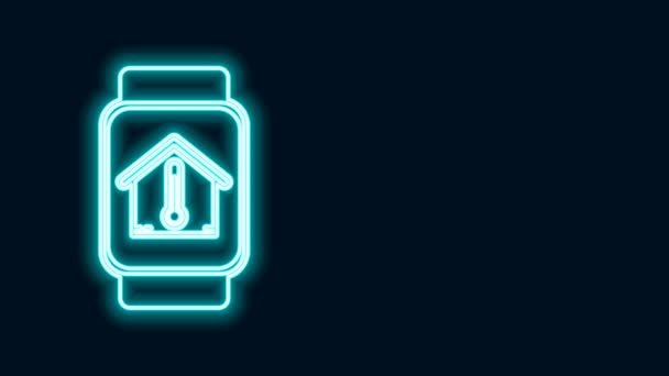 Línea de neón brillante Reloj inteligente con icono de temperatura de la casa aislado sobre fondo negro. Icono del termómetro. Animación gráfica de vídeo 4K — Vídeo de stock