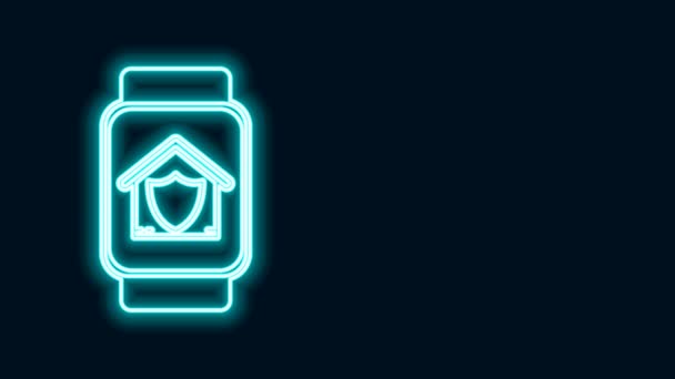 Glödande neon line Smart klocka med hus under skydd ikon isolerad på svart bakgrund. Skydd, säkerhet, skydd, försvarskoncept. 4K Video motion grafisk animation — Stockvideo