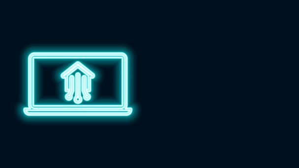 Świecąca neonowa linia Laptop z ikoną inteligentnego domu na czarnym tle. Zdalne sterowanie. 4K Animacja graficzna ruchu wideo — Wideo stockowe