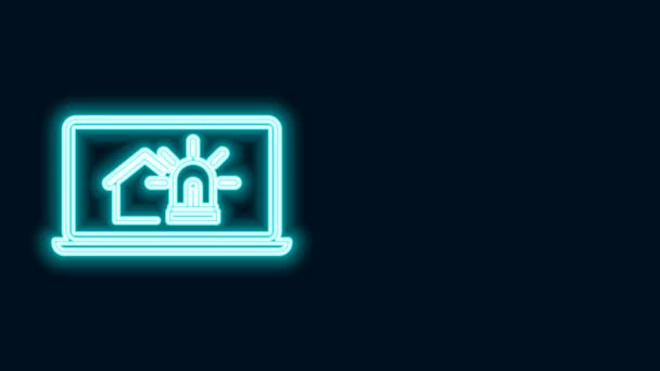 Świecąca neonowa linia Laptop z inteligentnym domem i ikoną alarmu na czarnym tle. System bezpieczeństwa inteligentnego domu. 4K Animacja graficzna ruchu wideo — Wideo stockowe