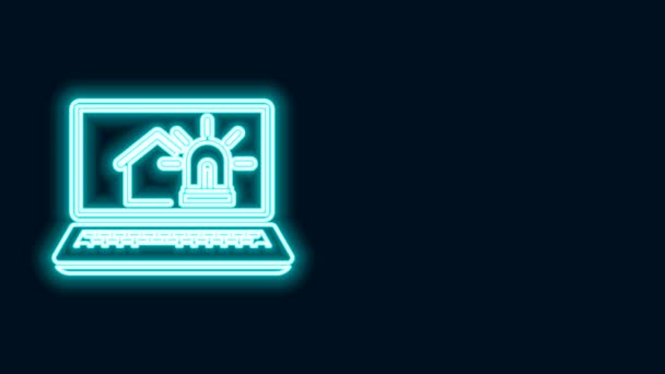 Leuchtender Neon Line Laptop mit Smart House und Alarmsymbol isoliert auf schwarzem Hintergrund. Sicherheitssystem des Smart Home. 4K Video Motion Grafik Animation — Stockvideo