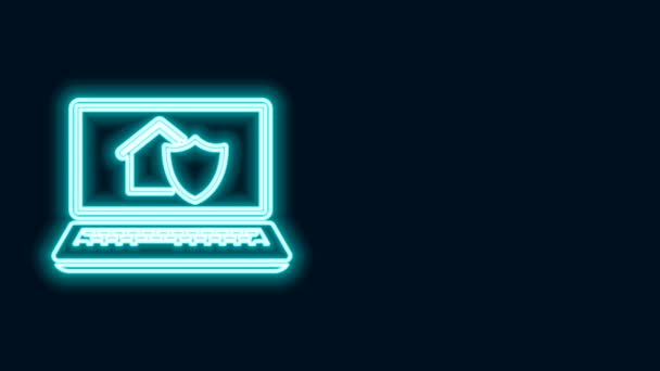 Glowing neon line Laptop with house under proteksi icon isolated on black background. Perlindungan, keamanan, keamanan, perlindungan, konsep pertahanan. Animasi grafis gerak Video 4K — Stok Video
