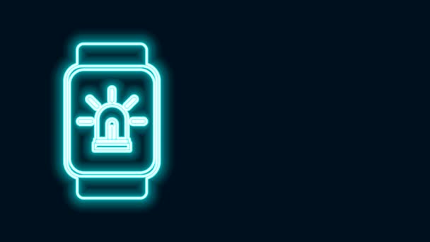 Leuchtende Neon Line Smart-Uhr mit Smart House und Alarmsymbol isoliert auf schwarzem Hintergrund. Sicherheitssystem des Smart Home. 4K Video Motion Grafik Animation — Stockvideo