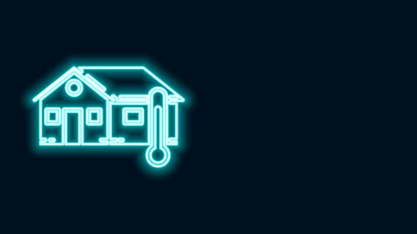 Glödande neon line hus temperatur ikon isolerad på svart bakgrund. Termometerikon. 4K Video motion grafisk animation — Stockvideo