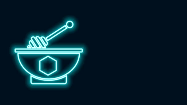 Świecące neon linii Miód Dipper stick i miski ikony izolowane na czarnym tle. Kapusta miodowa. 4K Animacja graficzna ruchu wideo — Wideo stockowe