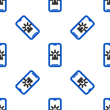 Akıllı ev ve alarm simgesine sahip cep telefonu beyaz arka planda izole edilmiş pürüzsüz desen. Akıllı evin güvenlik sistemi. Renkli taslak konsepti. Vektör.