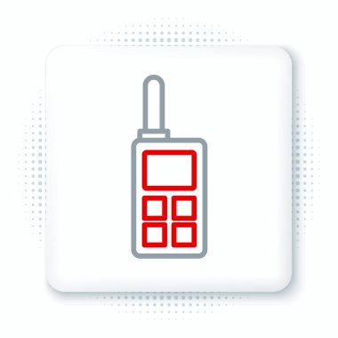 Beyaz arkaplanda hat telsizi simgesi izole edildi. Taşınabilir radyo vericisi simgesi. Radyo alıcı-vericisi işareti. Renkli taslak konsepti. Vektör.