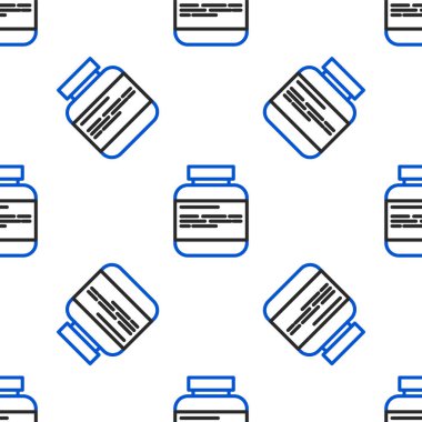 Hat ilacı şişesi ve hap ikonu beyaz arka planda izole edilmiş kusursuz desen. İlaç paketi. Tablet, vitamin, antibiyotik, aspirin. Renkli taslak konsepti. Vektör.