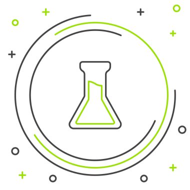 Beyaz arkaplanda çizgi test tüpü ve matara simgesi izole edildi. Kimyasal laboratuvar testi. Laboratuvar camları. Renkli taslak konsepti. Vektör.