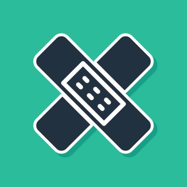 Yeşil arka planda mavi çapraz bandaj alçı ikonu izole edildi. Tıbbi alçı, yapıştırıcı bandaj, esnek kumaş bandajı. Vektör İllüstrasyonu.