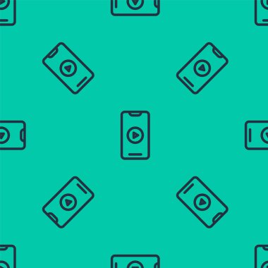 Mavi çizgi Online video simgesi yeşil arkaplanda izole edilmiş. Akıllı telefon ve üzerinde oyun işareti olan film şeridi. Vektör İllüstrasyonu.