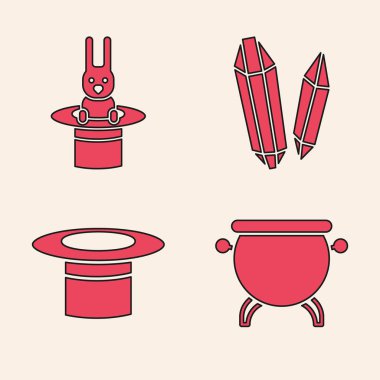 Cadı kazanı, Sihirbaz şapkası ve tavşan, Sihirli Taş ve Sihirbaz şapkası ikonu. Vektör.