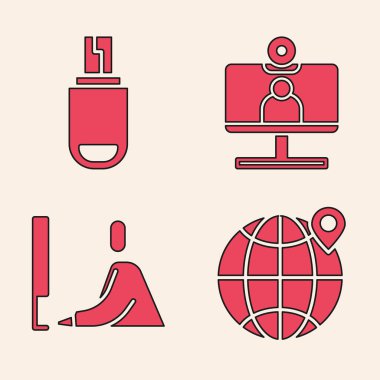 Yer bilgisini, USB flash belleği, görüntülü sohbet konferansını ve laptop simgesinde çalışan öğrenciyi ayarla. Vektör.