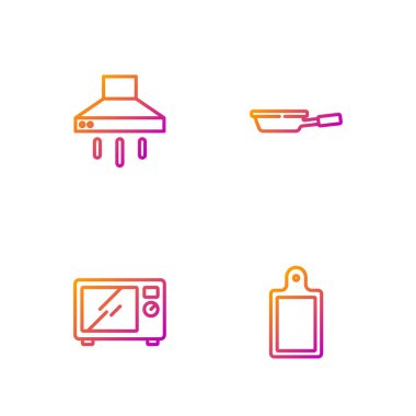 Hattı kes, mikrodalga fırın, mutfak vantilatörü ve kızartma tavasını ayarla. Renk simgeleri. Vektör.